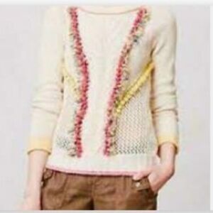 Anthropologie Angel  Of The North Cream Knit Pom Pom Sweater